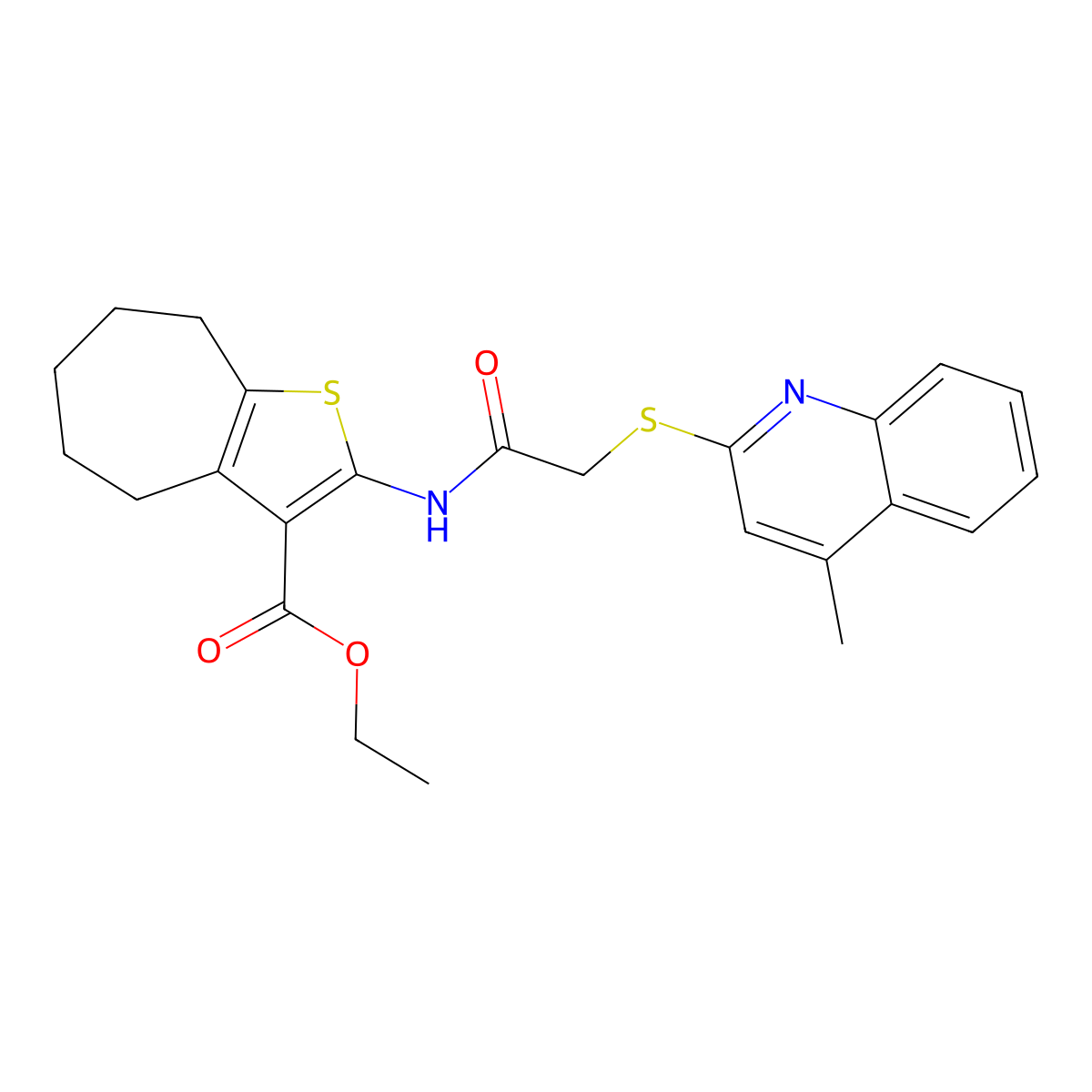 Ethyl 2-{2-[(4-methylquinolin-2-YL)sulfanyl]acetamido}-4H,5H,6H,7H,8H-cyclohepta[B]thiophene-3-carboxylate molecular structure, CAS 671198-88-2