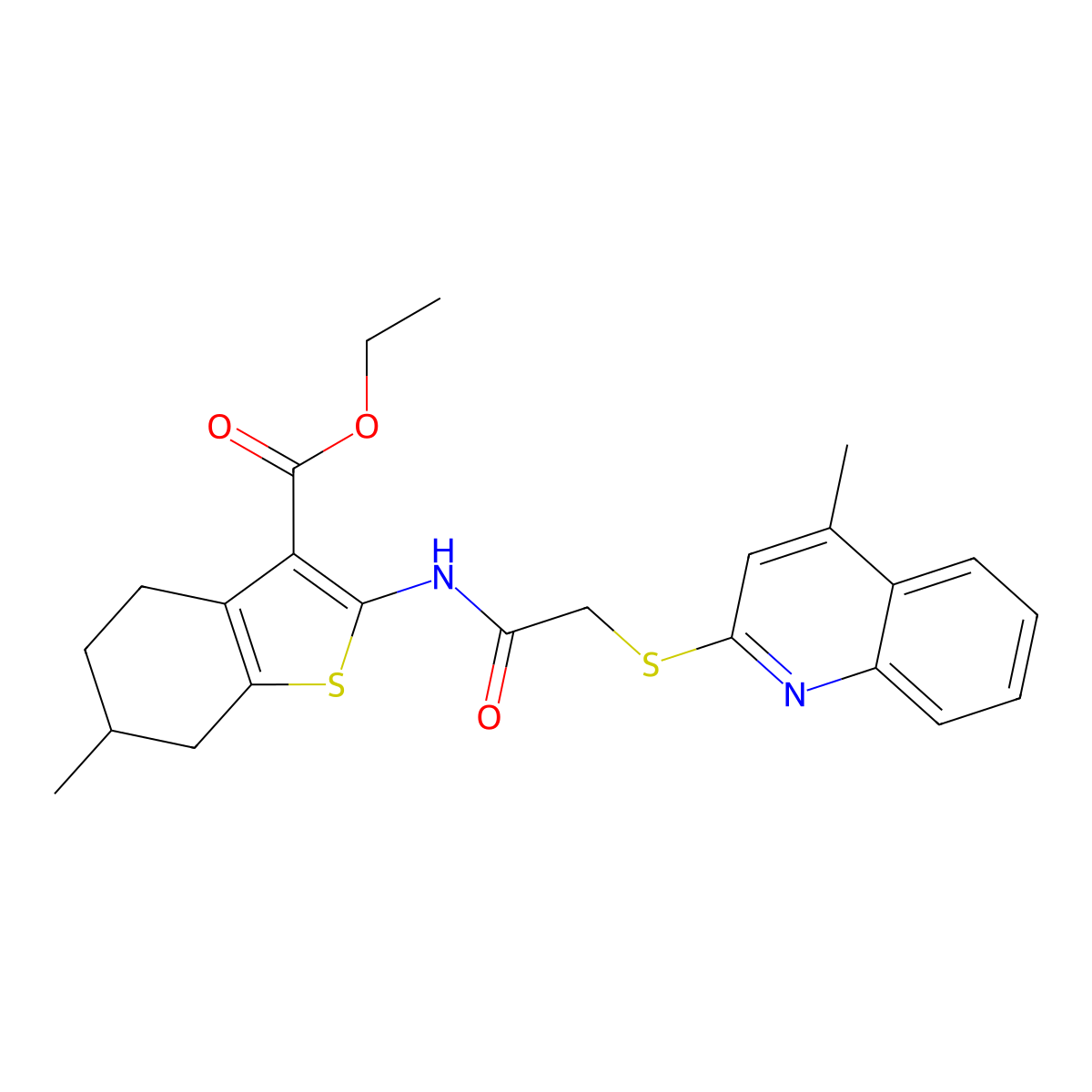Ethyl 6-methyl-2-(2-((4-methylquinolin-2-yl)thio)acetamido)-4,5,6,7-tetrahydrobenzo[b]thiophene-3-carboxylate molecular structure, CAS 671198-89-3