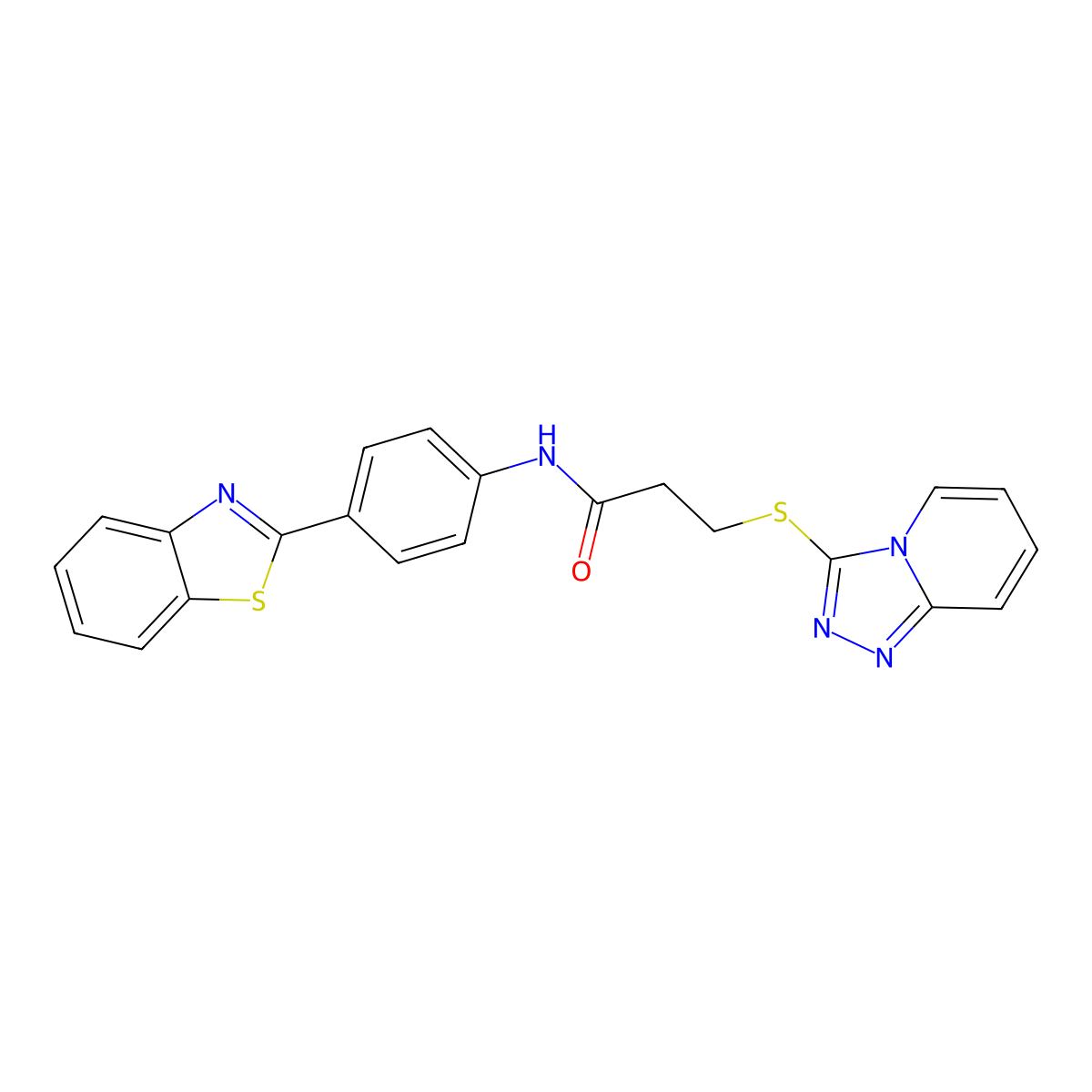 N-[4-(1,3-benzothiazol-2-yl)phenyl]-3-([1,2,4]triazolo[4,3-a]pyridin-3-ylsulfanyl)propanamide molecular structure, CAS 671199-05-6