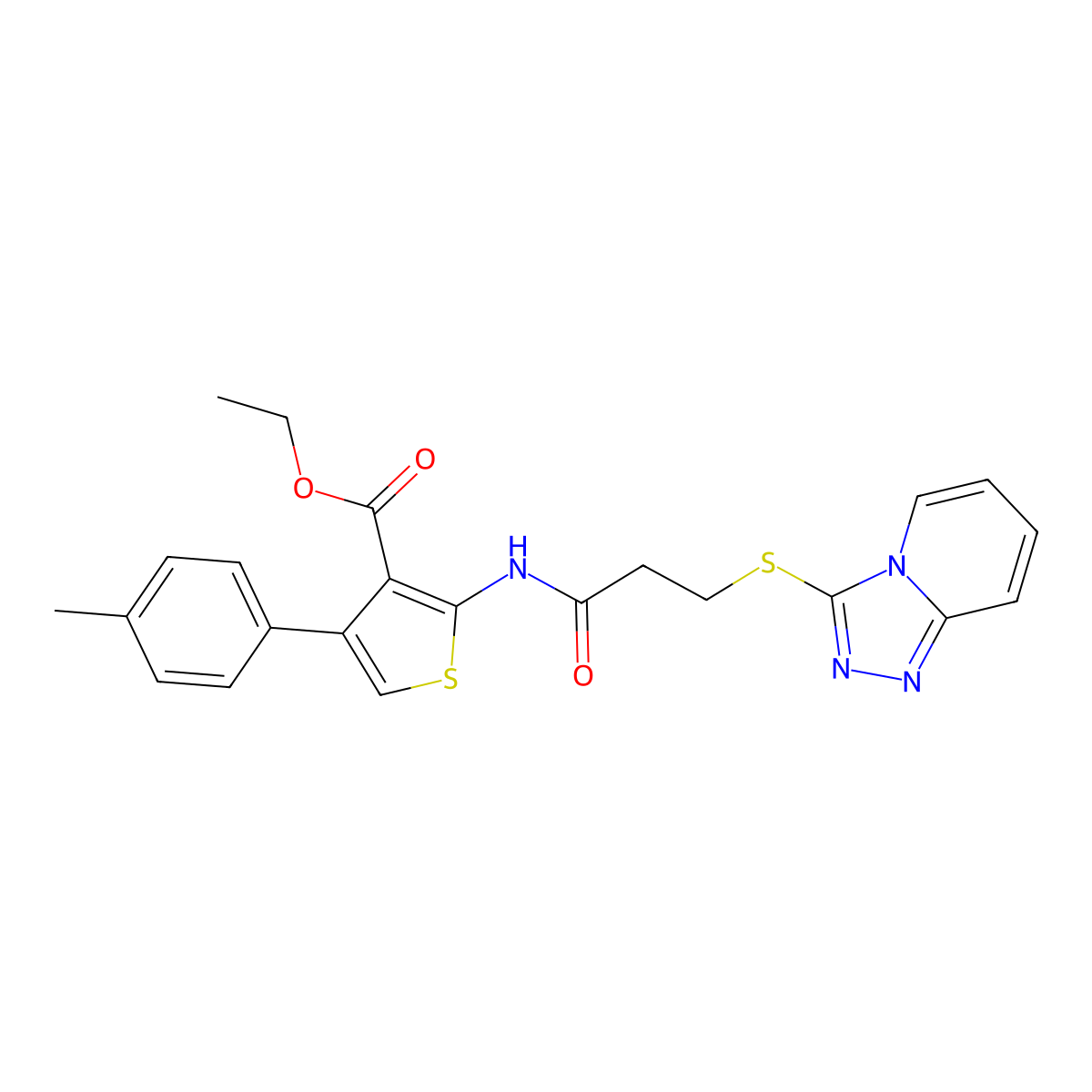 Ethyl 4-(4-methylphenyl)-2-(3-{[1,2,4]triazolo[4,3-a]pyridin-3-ylsulfanyl}propanamido)thiophene-3-carboxylate molecular structure, CAS 671199-07-8