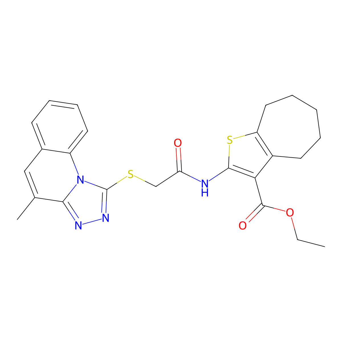Ethyl 2-[2-({4-methyl-[1,2,4]triazolo[4,3-A]quinolin-1-YL}sulfanyl)acetamido]-4H,5H,6H,7H,8H-cyclohepta[B]thiophene-3-carboxylate molecular structure, CAS 671199-45-4