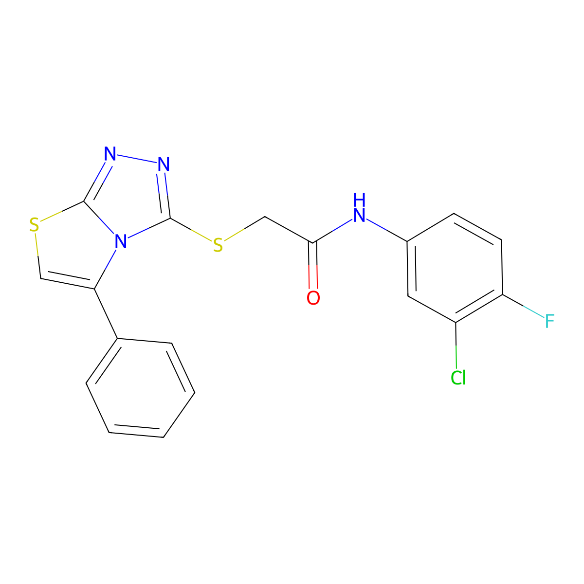 N-(3-chloro-4-fluorophenyl)-2-((5-phenylthiazolo[2,3-c][1,2,4]triazol-3-yl)thio)acetamide molecular structure, CAS 671199-67-0
