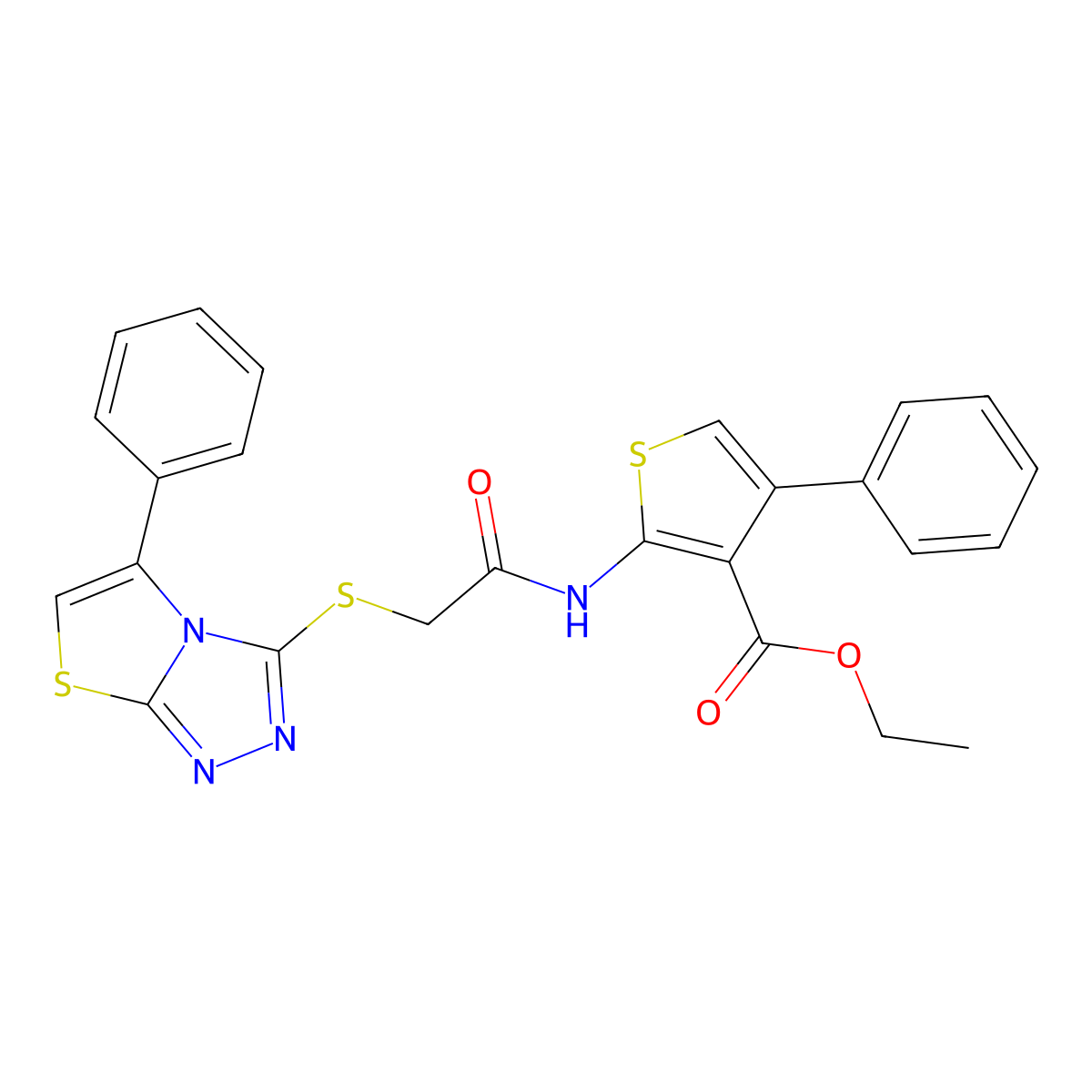 Ethyl 4-phenyl-2-(2-((5-phenylthiazolo[2,3-c][1,2,4]triazol-3-yl)thio)acetamido)thiophene-3-carboxylate molecular structure, CAS 671199-70-5
