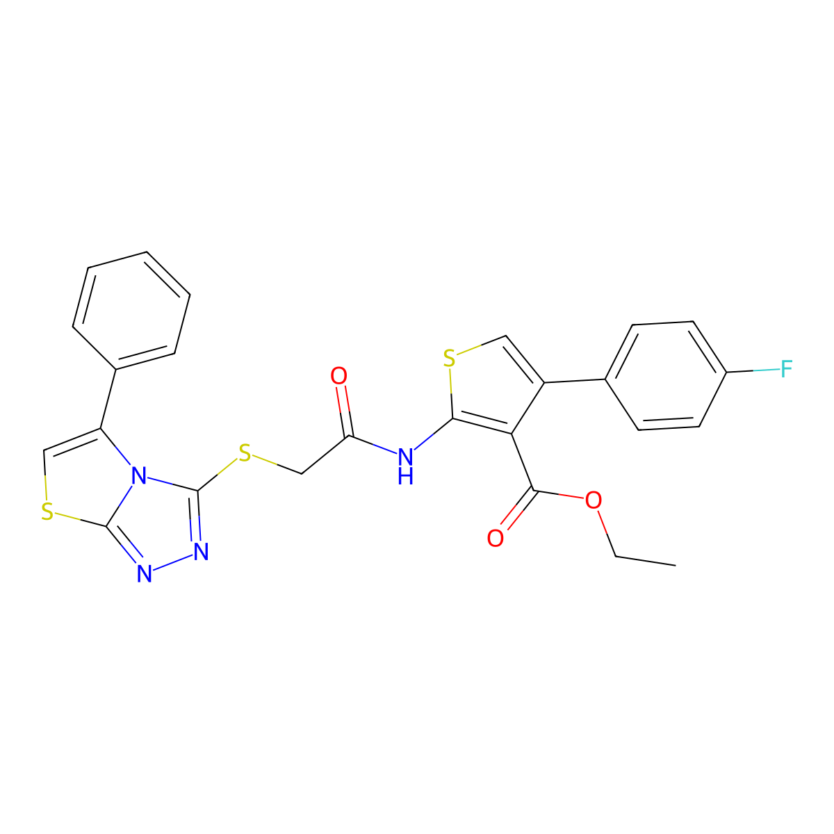 Ethyl 4-(4-fluorophenyl)-2-(2-((5-phenylthiazolo[2,3-c][1,2,4]triazol-3-yl)thio)acetamido)thiophene-3-carboxylate molecular structure, CAS 671199-74-9