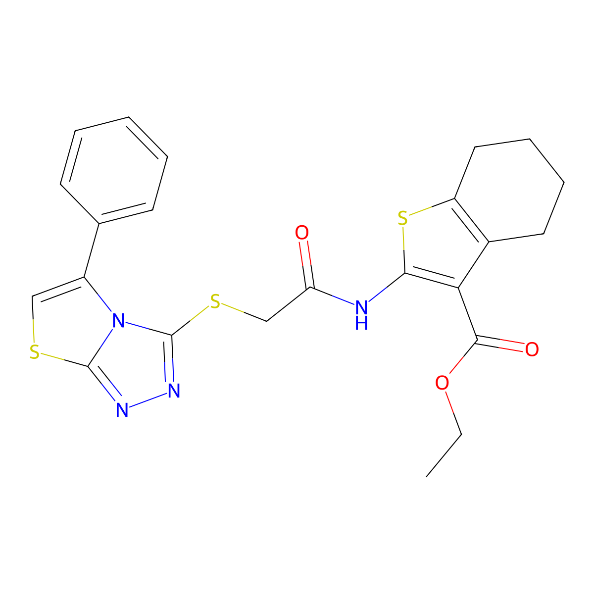 Ethyl 2-(2-((5-phenylthiazolo[2,3-c][1,2,4]triazol-3-yl)thio)acetamido)-4,5,6,7-tetrahydrobenzo[b]thiophene-3-carboxylate molecular structure, CAS 671199-75-0