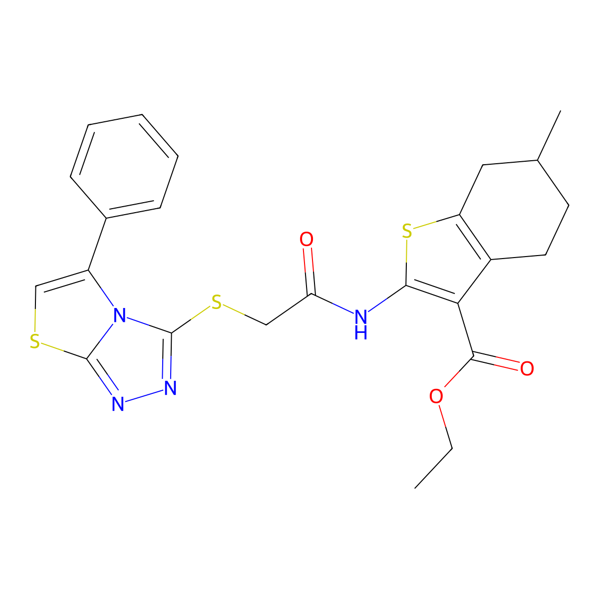Ethyl 6-methyl-2-[2-({5-phenyl-[1,2,4]triazolo[3,4-B][1,3]thiazol-3-YL}sulfanyl)acetamido]-4,5,6,7-tetrahydro-1-benzothiophene-3-carboxylate molecular structure, CAS 671199-76-1