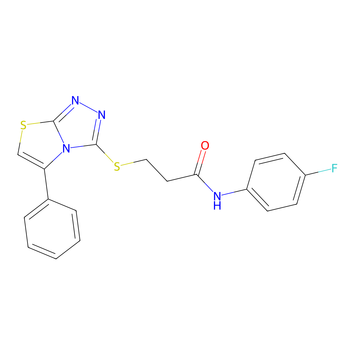 N-(4-fluorophenyl)-3-((5-phenylthiazolo[2,3-c][1,2,4]triazol-3-yl)thio)propanamide molecular structure, CAS 671199-80-7