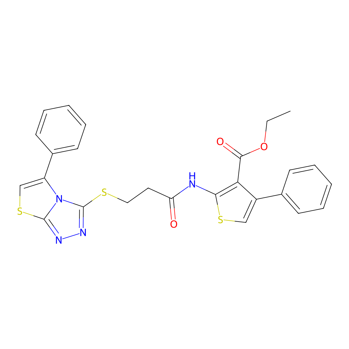 Ethyl 4-phenyl-2-(3-((5-phenylthiazolo[2,3-c][1,2,4]triazol-3-yl)thio)propanamido)thiophene-3-carboxylate molecular structure, CAS 671199-82-9