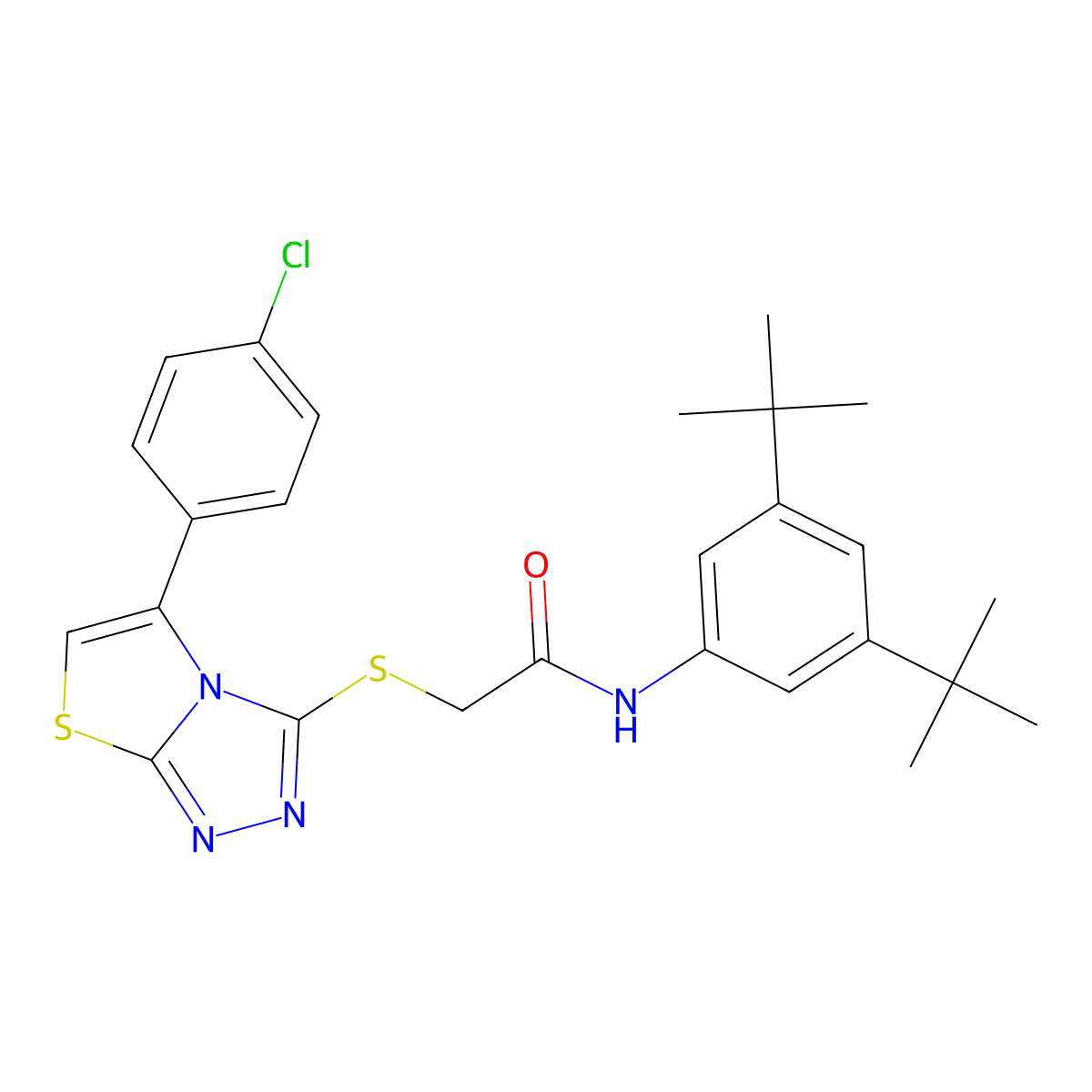 2-((5-(4-chlorophenyl)thiazolo[2,3-c][1,2,4]triazol-3-yl)thio)-N-(3,5-di-tert-butylphenyl)acetamide molecular structure, CAS 671199-90-9