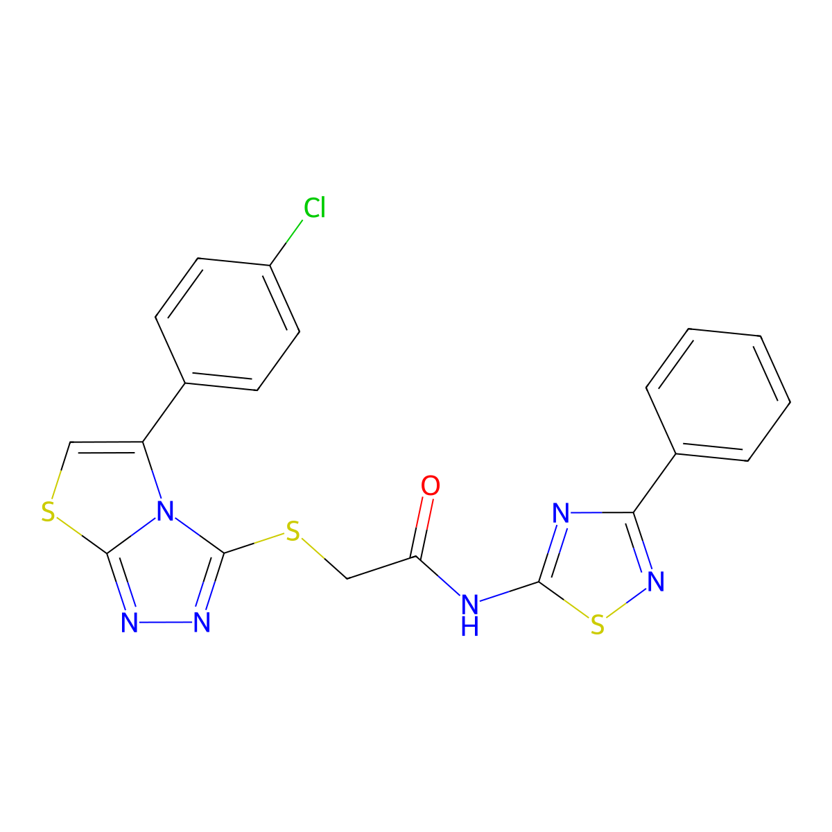 2-{[5-(4-chlorophenyl)-[1,2,4]triazolo[3,4-b][1,3]thiazol-3-yl]sulfanyl}-N-(3-phenyl-1,2,4-thiadiazol-5-yl)acetamide molecular structure, CAS 671199-91-0