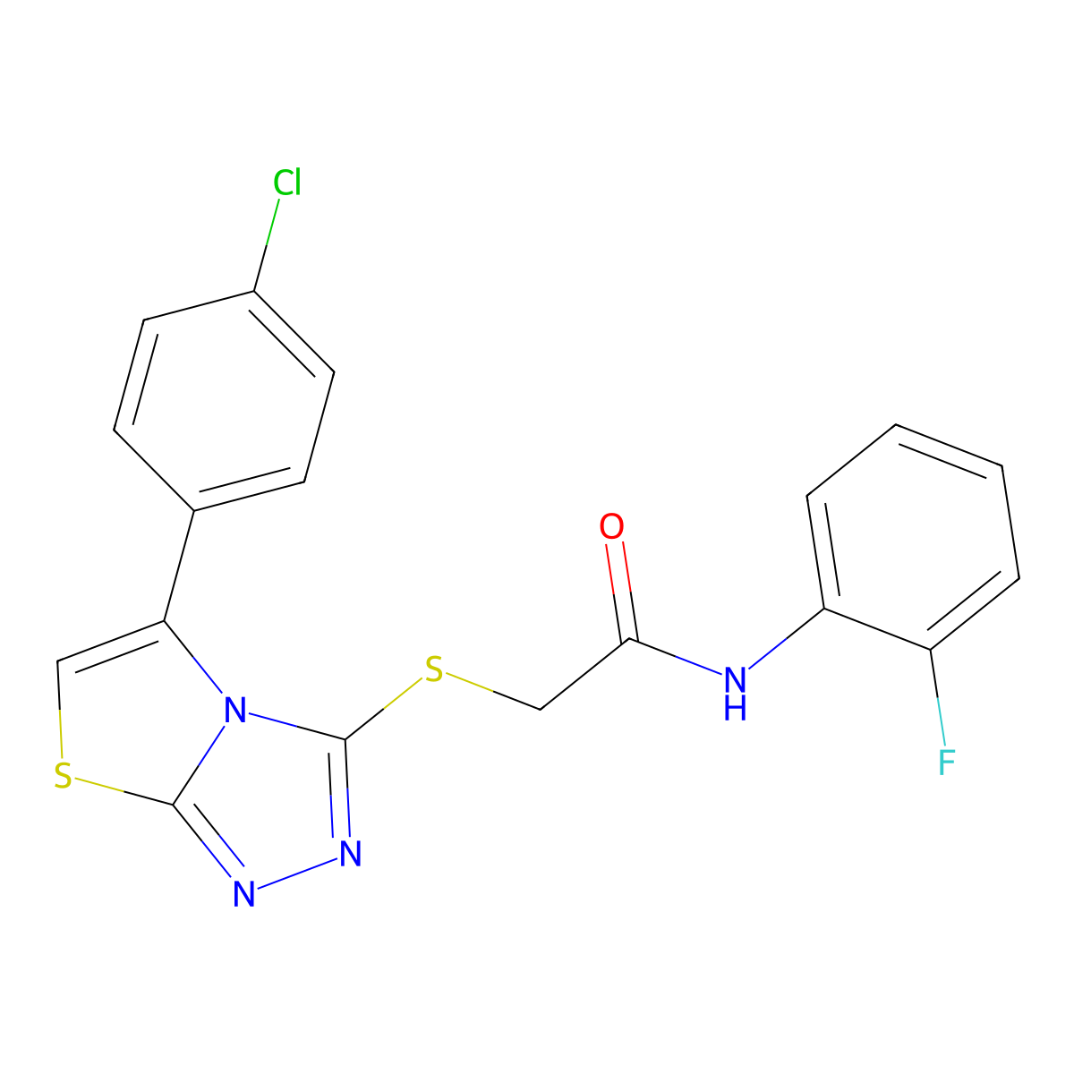2-{[5-(4-chlorophenyl)-[1,2,4]triazolo[3,4-b][1,3]thiazol-3-yl]sulfanyl}-N-(2-fluorophenyl)acetamide molecular structure, CAS 671199-96-5