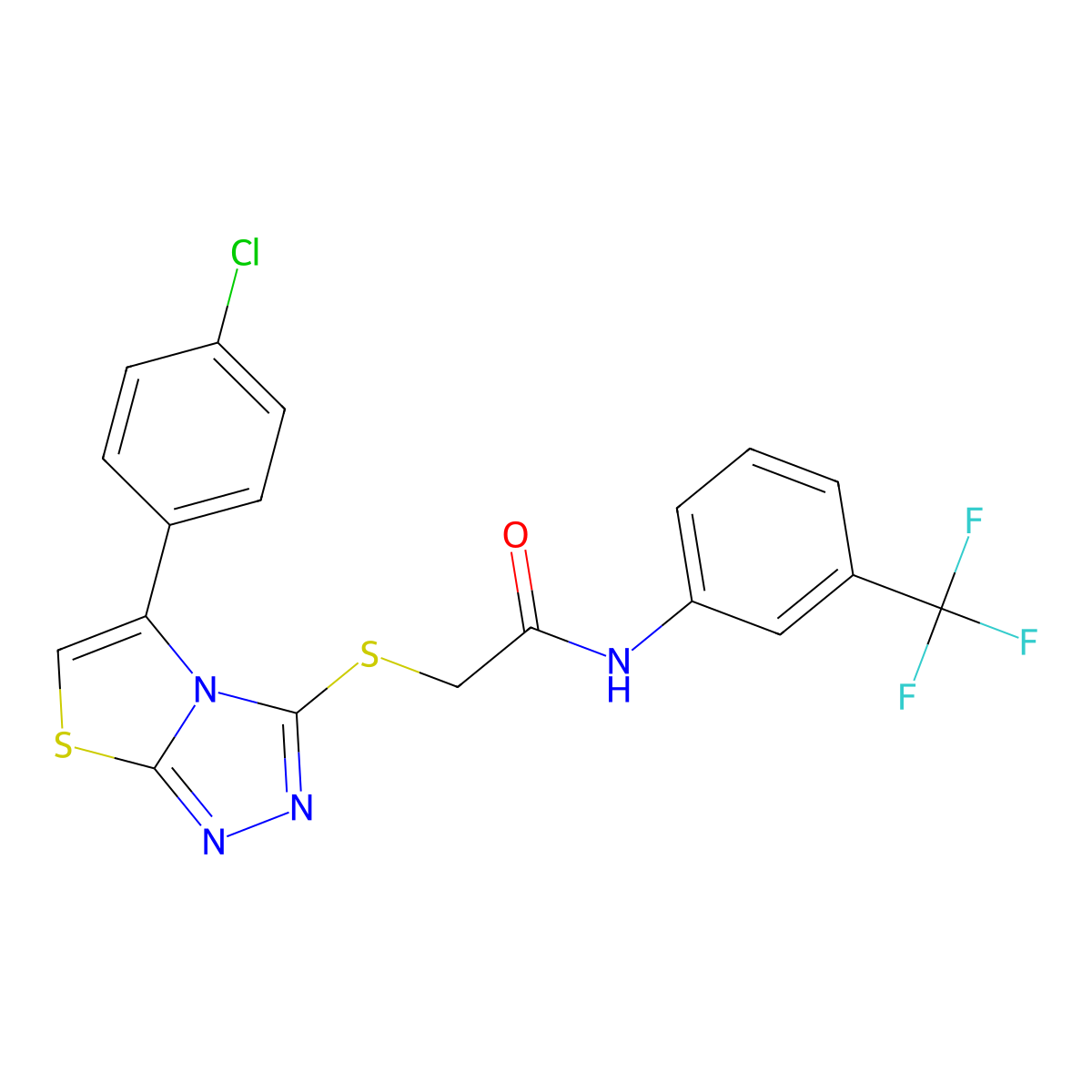 2-((5-(4-chlorophenyl)thiazolo[2,3-c][1,2,4]triazol-3-yl)thio)-N-(3-(trifluoromethyl)phenyl)acetamide molecular structure, CAS 671199-97-6