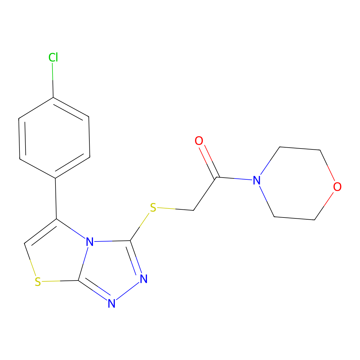 2-{[5-(4-Chlorophenyl)-[1,2,4]triazolo[3,4-b][1,3]thiazol-3-yl]sulfanyl}-1-(morpholin-4-yl)ethan-1-one molecular structure, CAS 671200-00-3