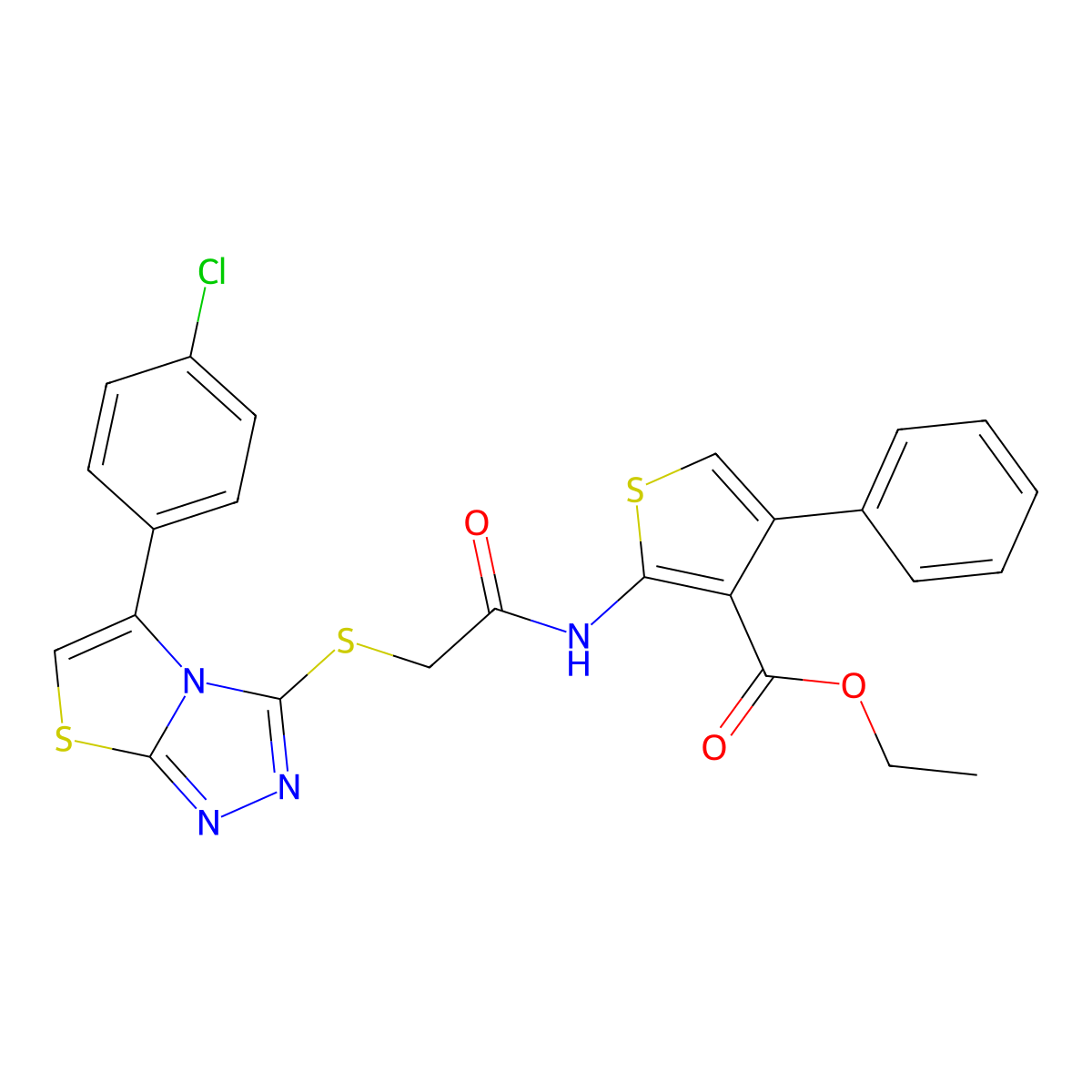 Ethyl 2-(2-((5-(4-chlorophenyl)thiazolo[2,3-c][1,2,4]triazol-3-yl)thio)acetamido)-4-phenylthiophene-3-carboxylate molecular structure, CAS 671200-01-4