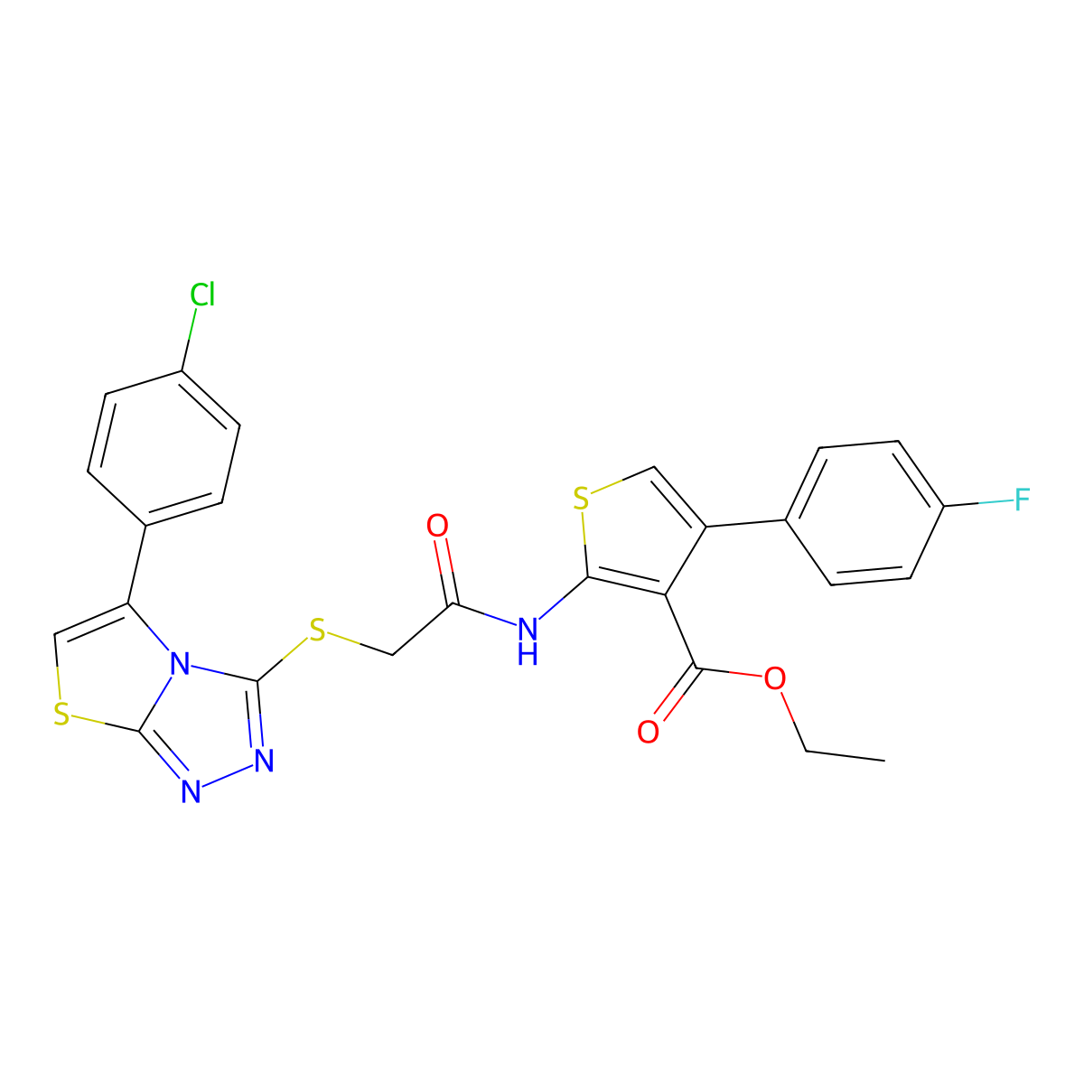 Ethyl 2-(2-((5-(4-chlorophenyl)thiazolo[2,3-c][1,2,4]triazol-3-yl)thio)acetamido)-4-(4-fluorophenyl)thiophene-3-carboxylate molecular structure, CAS 671200-02-5