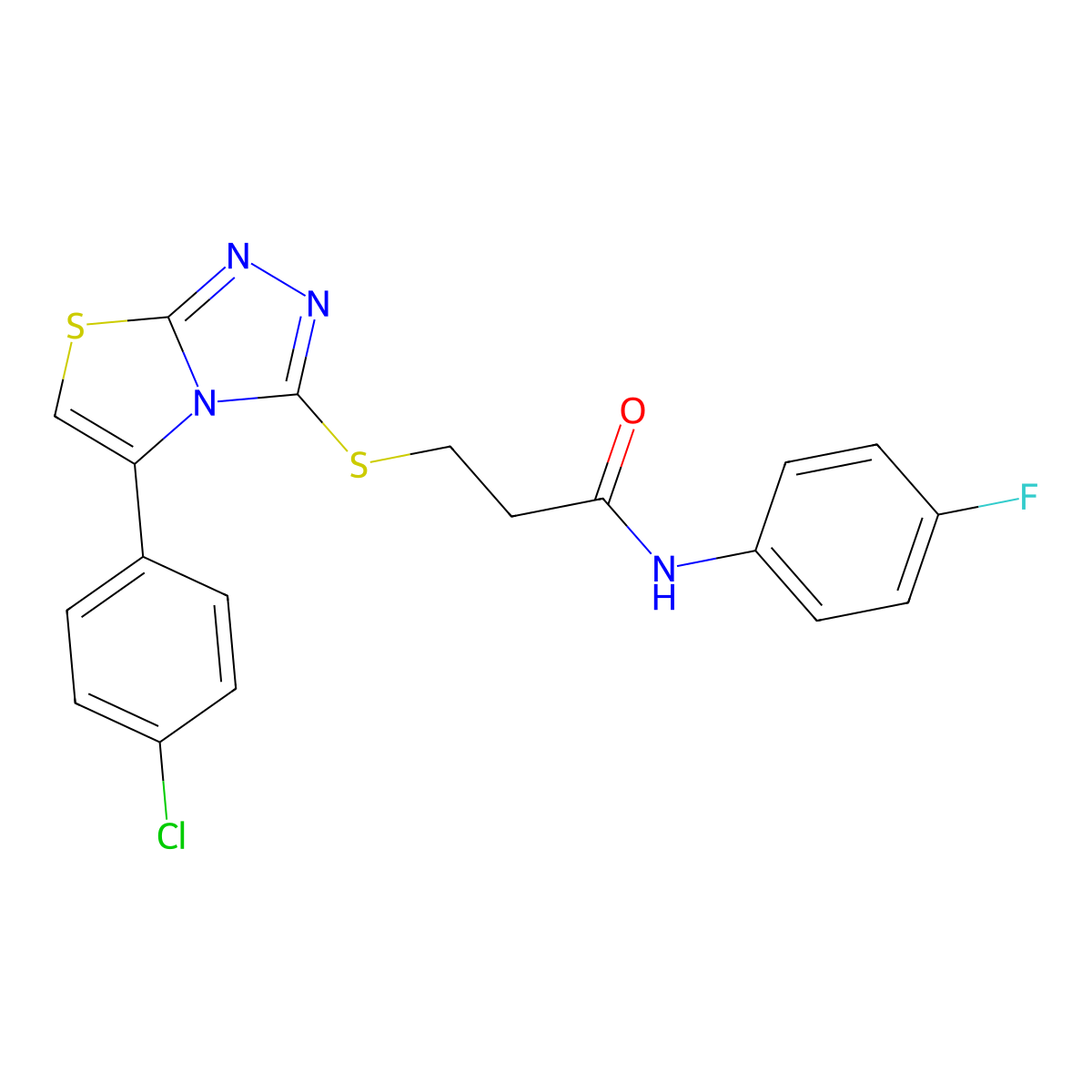 3-((5-(4-chlorophenyl)thiazolo[2,3-c][1,2,4]triazol-3-yl)thio)-N-(4-fluorophenyl)propanamide molecular structure, CAS 671200-09-2