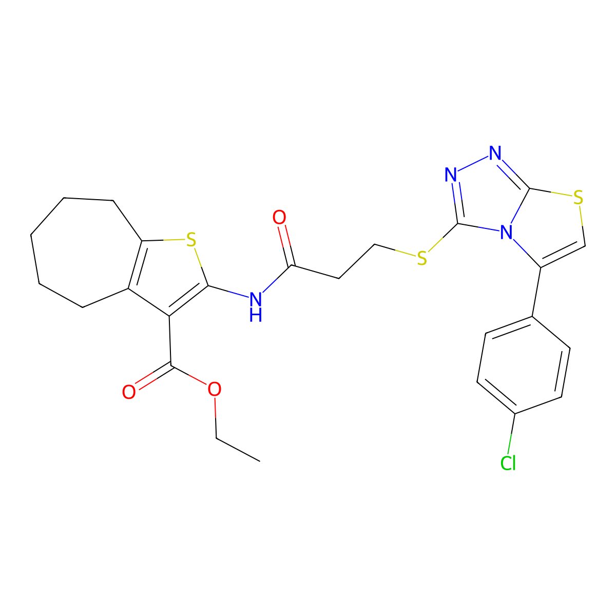 ethyl 2-(3-((5-(4-chlorophenyl)thiazolo[2,3-c][1,2,4]triazol-3-yl)thio)propanamido)-5,6,7,8-tetrahydro-4H-cyclohepta[b]thiophene-3-carboxylate molecular structure, CAS 671200-13-8