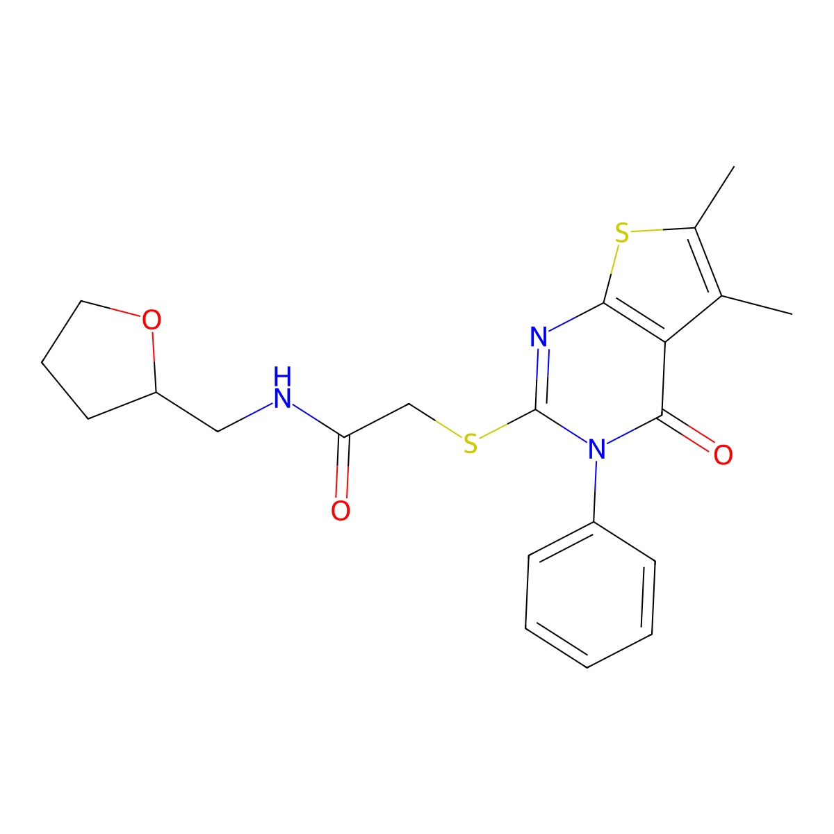 2-({5,6-dimethyl-4-oxo-3-phenyl-3H,4H-thieno[2,3-d]pyrimidin-2-yl}sulfanyl)-N-[(oxolan-2-yl)methyl]acetamide molecular structure, CAS 671200-18-3