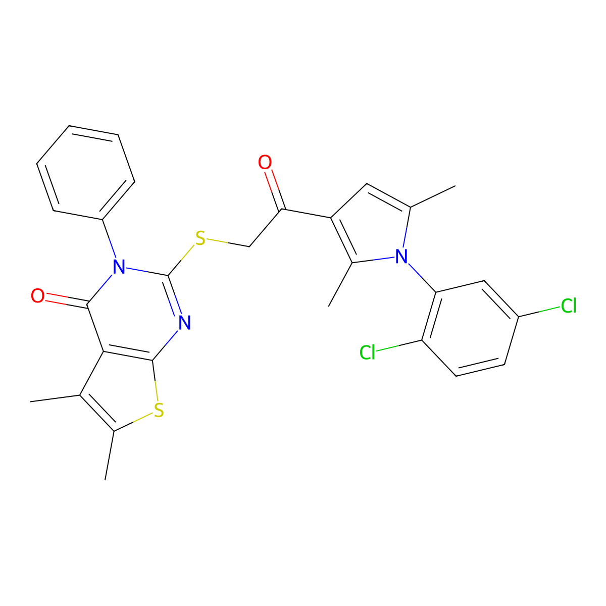 2-[2-[1-(2,5-Dichlorophenyl)-2,5-dimethylpyrrol-3-yl]-2-oxoethyl]sulfanyl-5,6-dimethyl-3-phenylthieno[2,3-d]pyrimidin-4-one molecular structure, CAS 671200-19-4