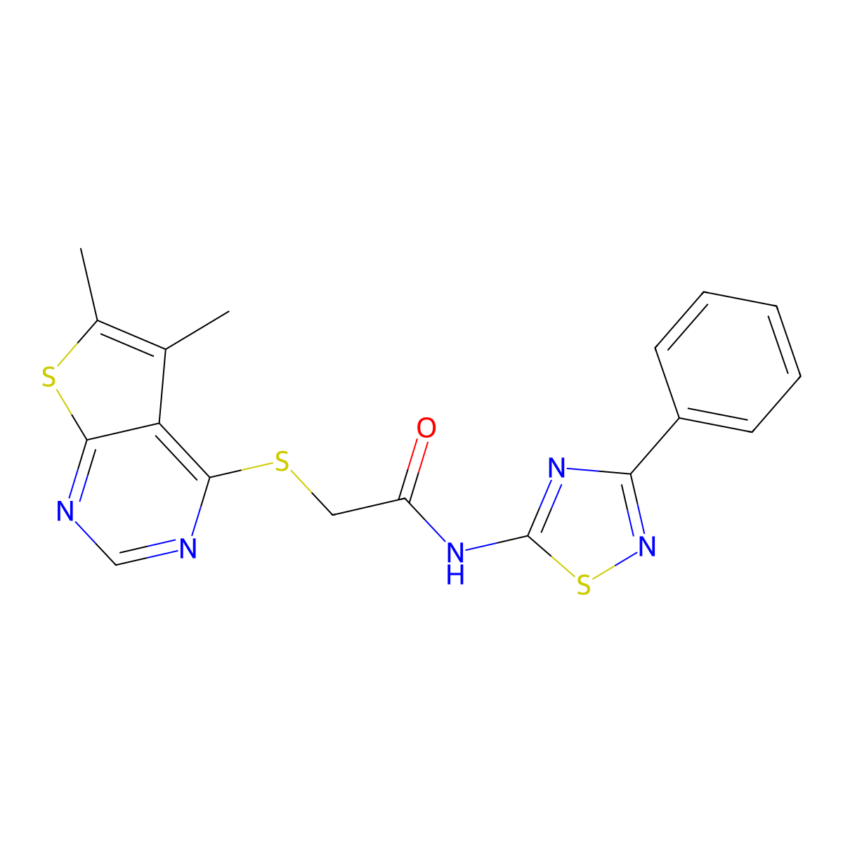 2-((5,6-dimethylthieno[2,3-d]pyrimidin-4-yl)thio)-N-(3-phenyl-1,2,4-thiadiazol-5-yl)acetamide molecular structure, CAS 671200-20-7