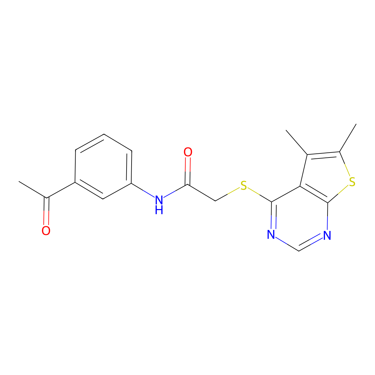 N-(3-acetylphenyl)-2-((5,6-dimethylthieno[2,3-d]pyrimidin-4-yl)thio)acetamide molecular structure, CAS 671200-21-8