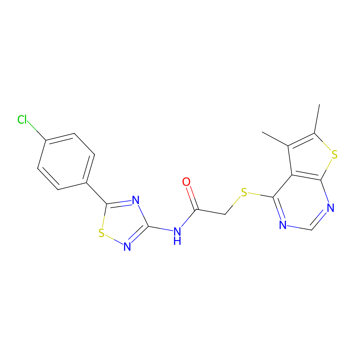 N-[5-(4-chlorophenyl)-1,2,4-thiadiazol-3-yl]-2-(5,6-dimethylthieno[2,3-d]pyrimidin-4-yl)sulfanylacetamide molecular structure, CAS 671200-22-9