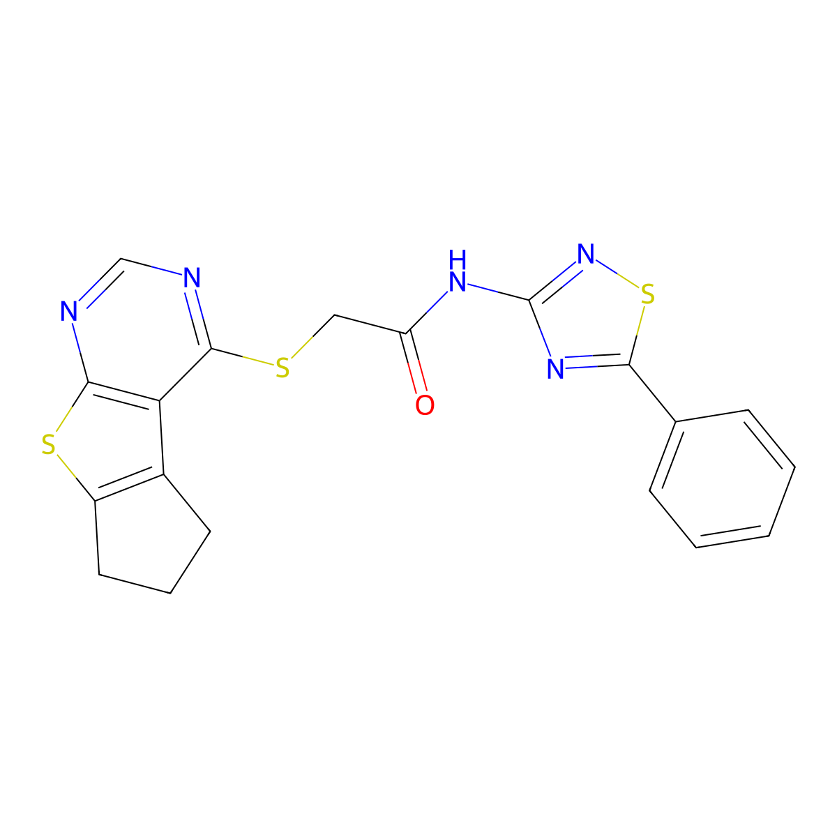 2-((6,7-dihydro-5H-cyclopenta[4,5]thieno[2,3-d]pyrimidin-4-yl)thio)-N-(5-phenyl-1,2,4-thiadiazol-3-yl)acetamide molecular structure, CAS 671200-23-0