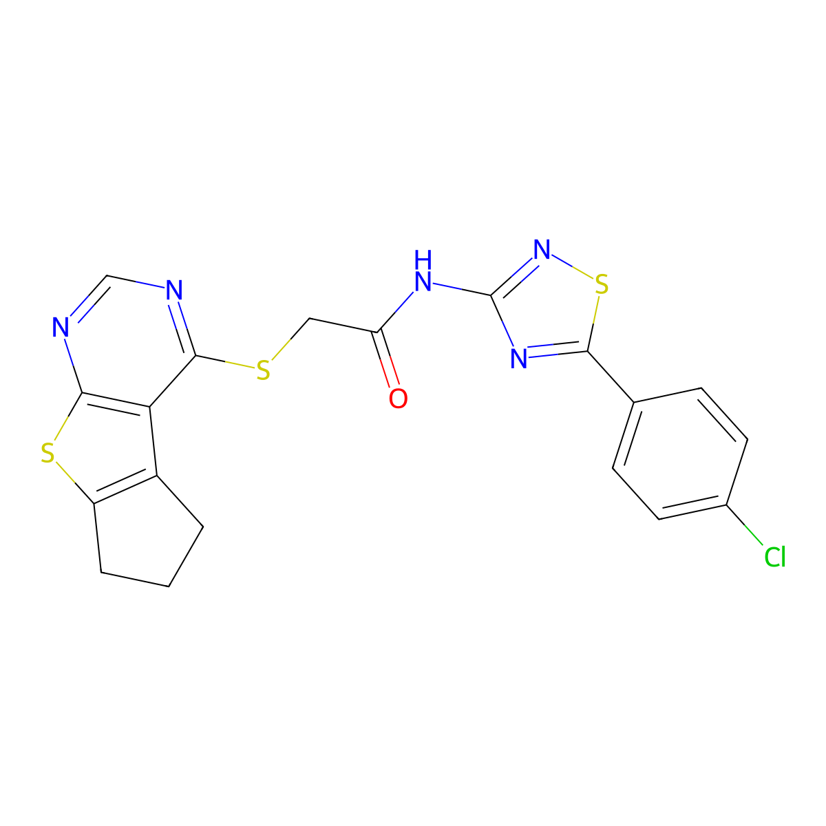N-[5-(4-chlorophenyl)-1,2,4-thiadiazol-3-yl]-2-{7-thia-9,11-diazatricyclo[6.4.0.0^{2,6}]dodeca-1(8),2(6),9,11-tetraen-12-ylsulfanyl}acetamide molecular structure, CAS 671200-25-2