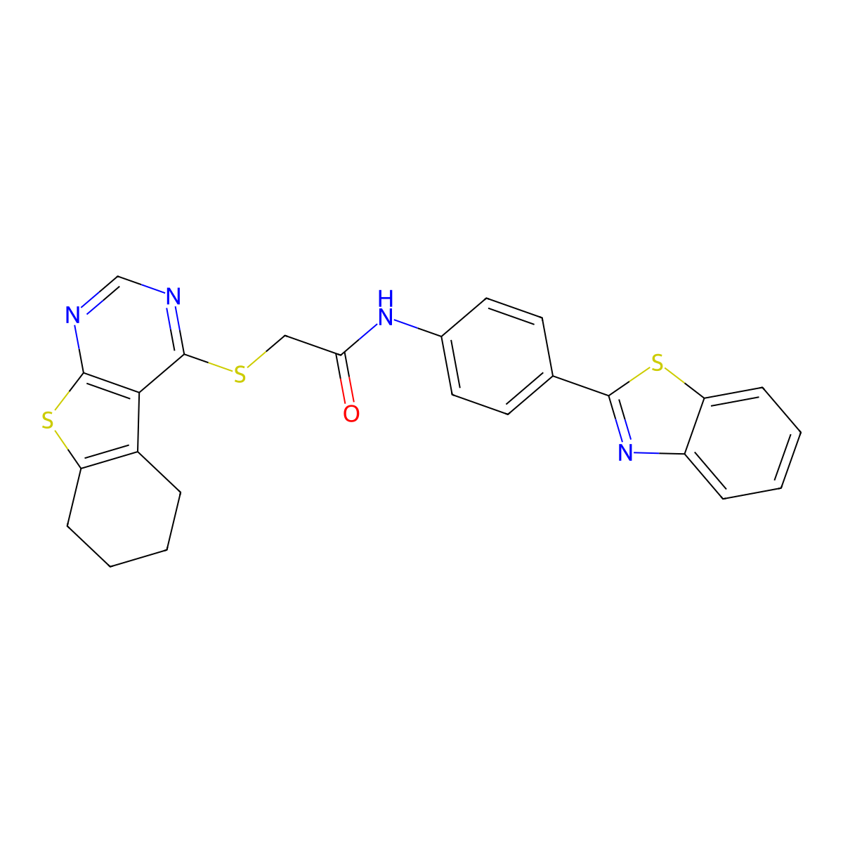 N-[4-(1,3-benzothiazol-2-yl)phenyl]-2-(5,6,7,8-tetrahydro-[1]benzothiolo[2,3-d]pyrimidin-4-ylsulfanyl)acetamide molecular structure, CAS 671200-26-3