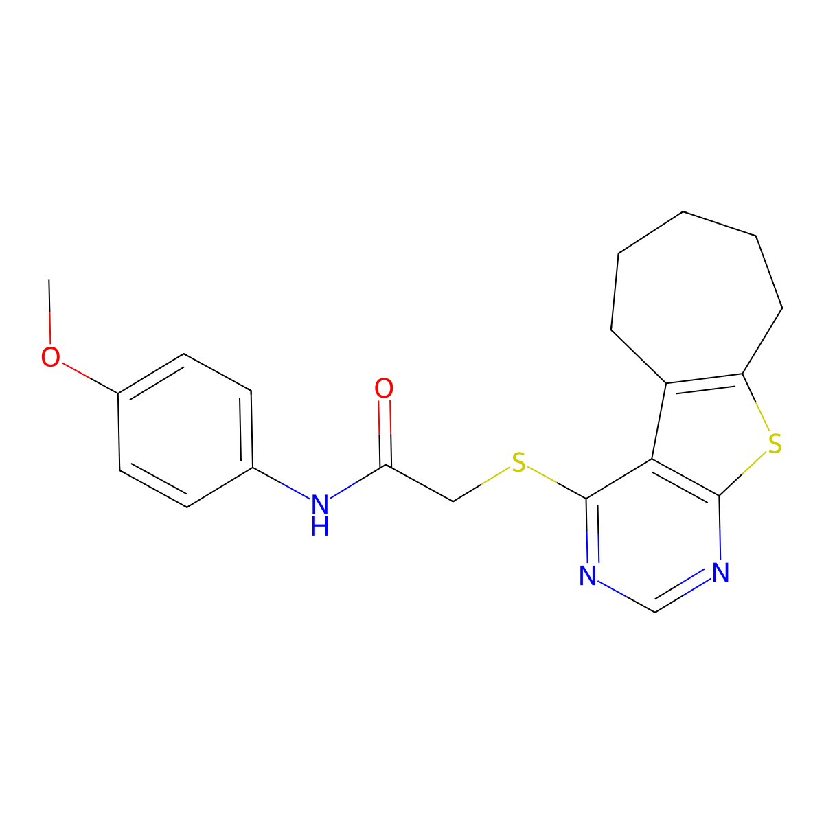 N-(4-methoxyphenyl)-2-((6,7,8,9-tetrahydro-5H-cyclohepta[4,5]thieno[2,3-d]pyrimidin-4-yl)thio)acetamide molecular structure, CAS 671200-27-4