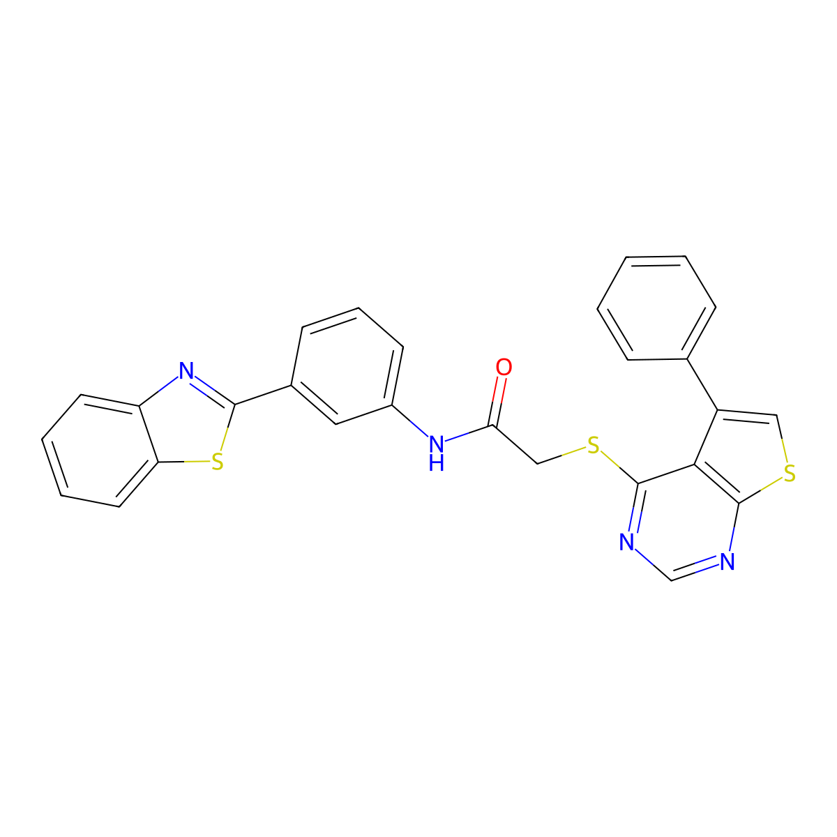 N-(3-(benzo[d]thiazol-2-yl)phenyl)-2-((5-phenylthieno[2,3-d]pyrimidin-4-yl)thio)acetamide molecular structure, CAS 671200-29-6