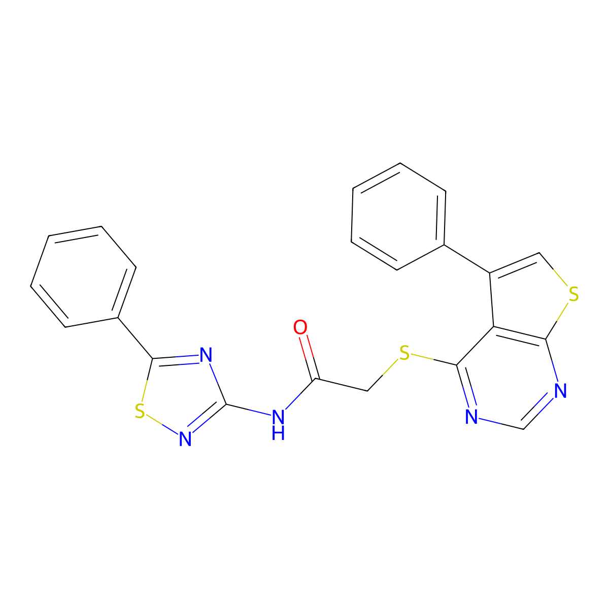 N-(5-phenyl-1,2,4-thiadiazol-3-yl)-2-({5-phenylthieno[2,3-d]pyrimidin-4-yl}sulfanyl)acetamide molecular structure, CAS 671200-30-9