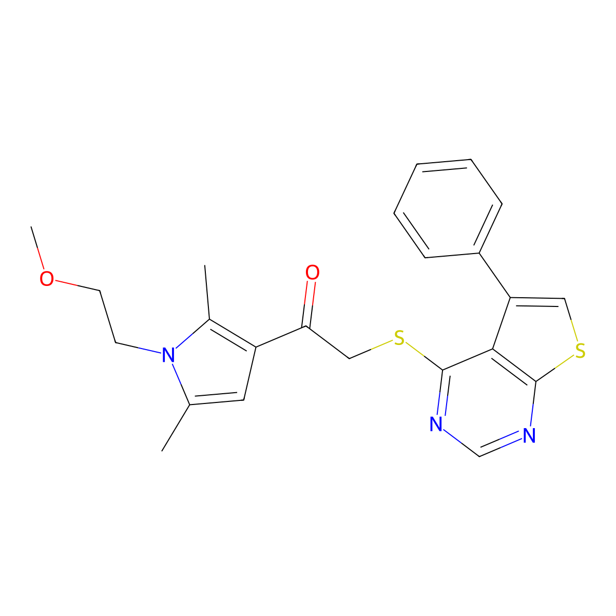 1-[1-(2-Methoxyethyl)-2,5-dimethylpyrrol-3-yl]-2-(5-phenylthieno[2,3-d]pyrimidin-4-yl)sulfanylethanone molecular structure, CAS 671200-31-0