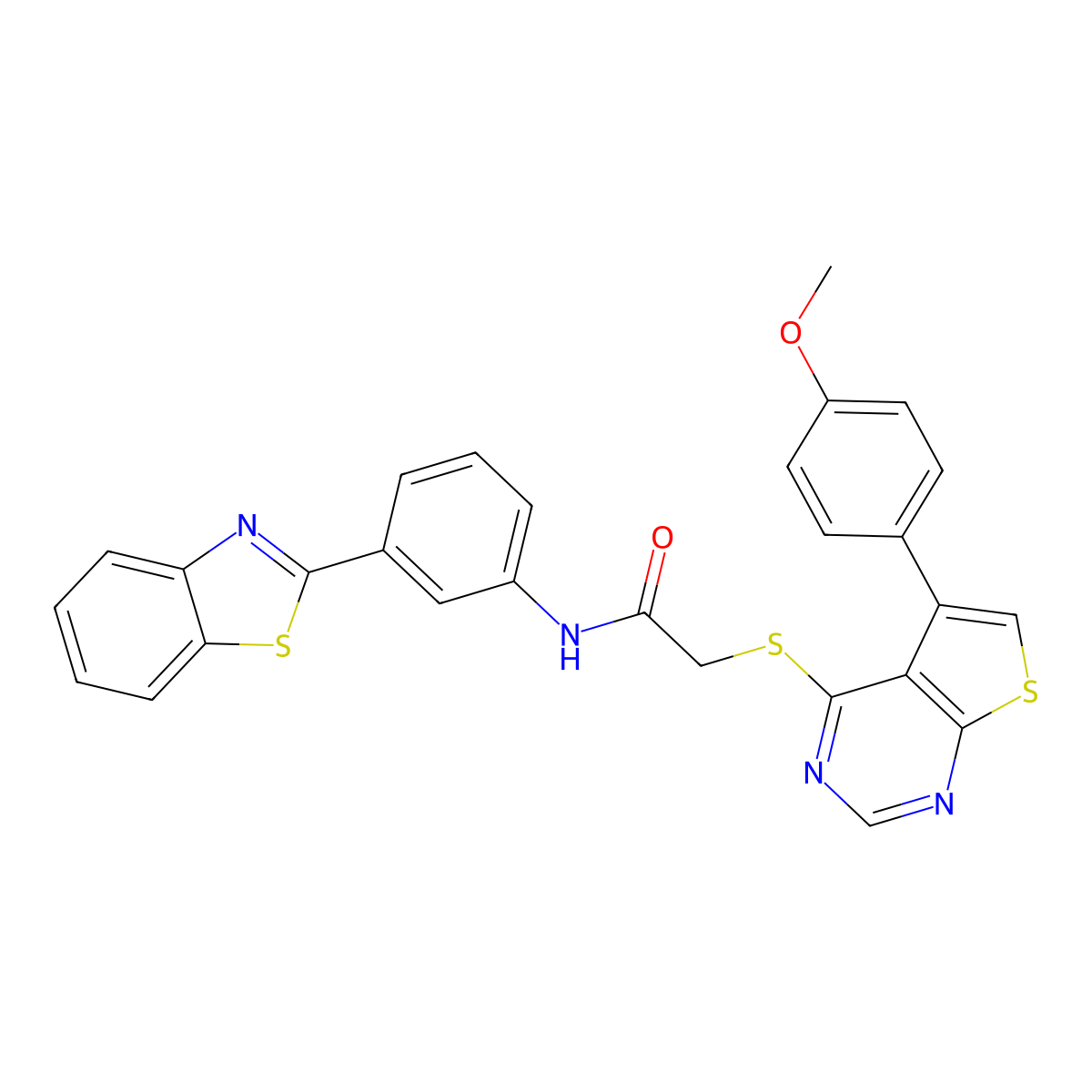 N-(3-(benzo[d]thiazol-2-yl)phenyl)-2-((5-(4-methoxyphenyl)thieno[2,3-d]pyrimidin-4-yl)thio)acetamide molecular structure, CAS 671200-33-2