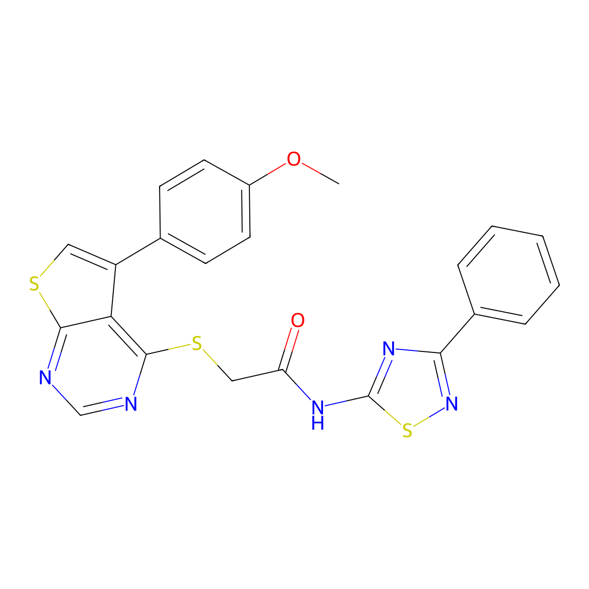 2-[5-(4-methoxyphenyl)thieno[2,3-d]pyrimidin-4-yl]sulfanyl-N-(3-phenyl-1,2,4-thiadiazol-5-yl)acetamide molecular structure, CAS 671200-34-3