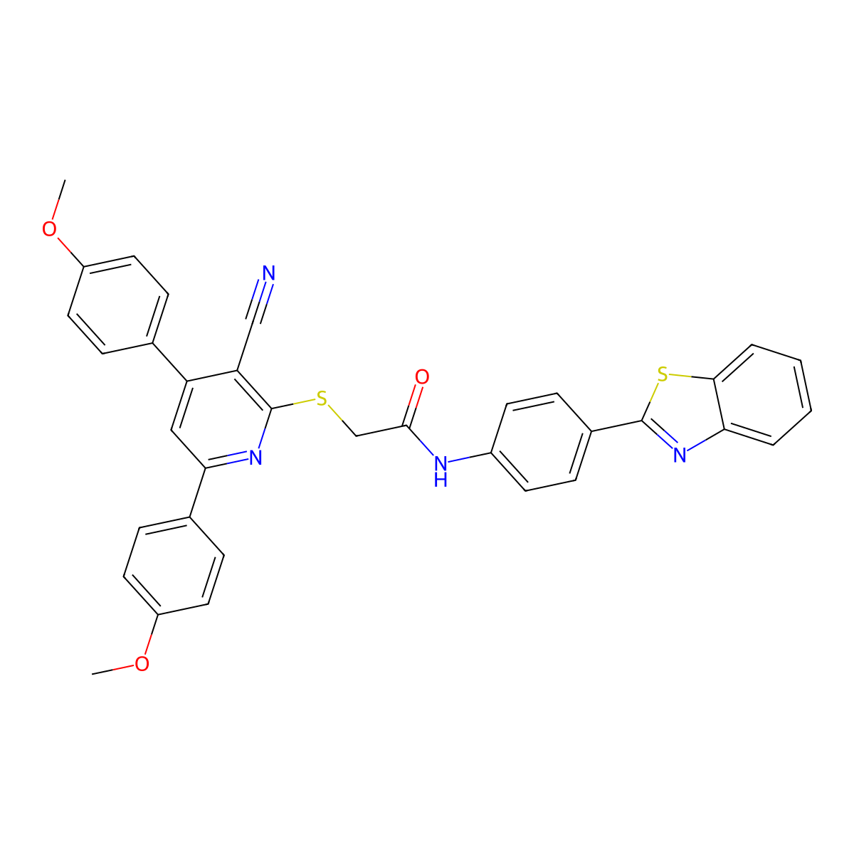N-(4-(benzo[d]thiazol-2-yl)phenyl)-2-((3-cyano-4,6-bis(4-methoxyphenyl)pyridin-2-yl)thio)acetamide molecular structure, CAS 671200-35-4