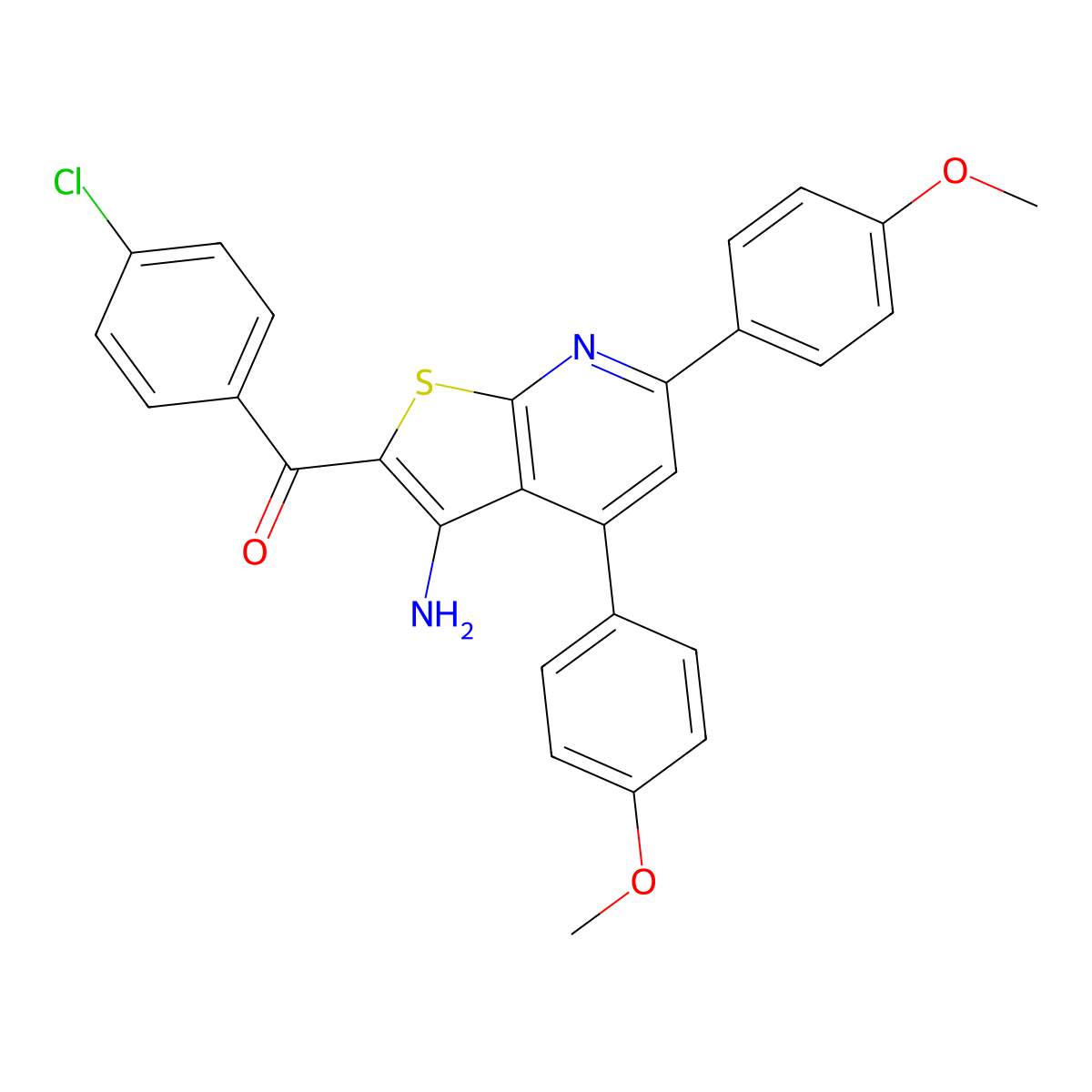 (3-Amino-4,6-bis(4-methoxyphenyl)thieno[2,3-b]pyridin-2-yl)(4-chlorophenyl)methanone molecular structure, CAS 671200-37-6