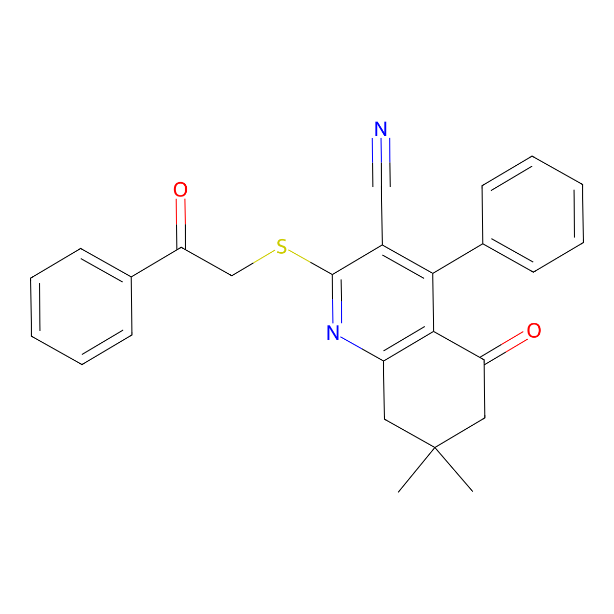 7,7-Dimethyl-5-oxo-2-((2-oxo-2-phenylethyl)thio)-4-phenyl-5,6,7,8-tetrahydroquinoline-3-carbonitrile molecular structure, CAS 671200-39-8