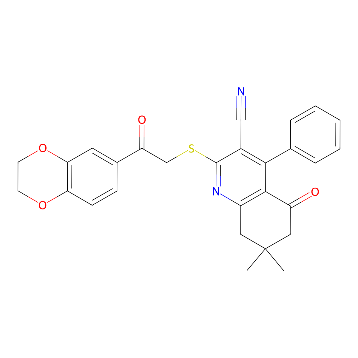 2-[2-(2,3-Dihydro-1,4-benzodioxin-6-yl)-2-oxoethyl]sulfanyl-7,7-dimethyl-5-oxo-4-phenyl-6,8-dihydroquinoline-3-carbonitrile molecular structure, CAS 671200-40-1