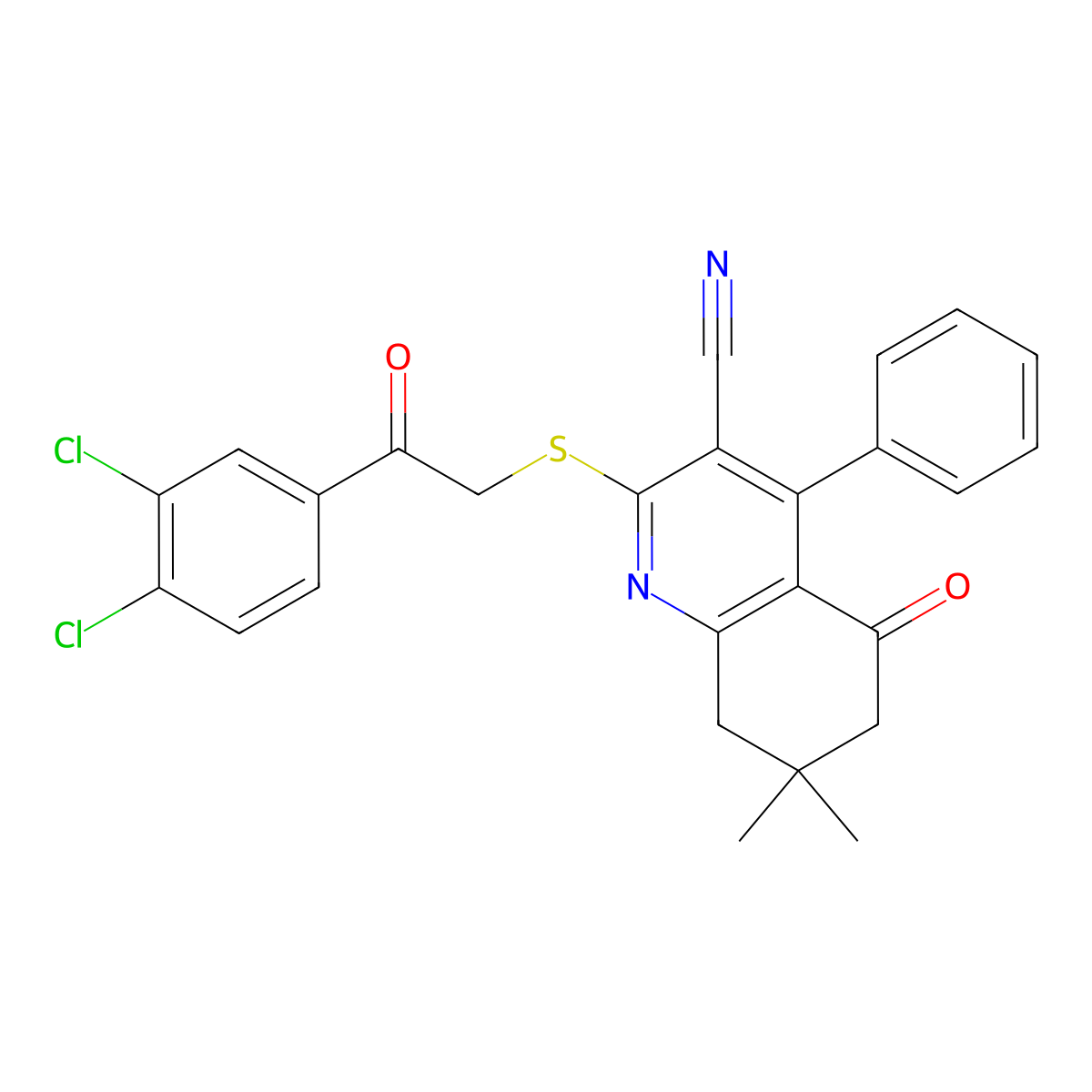 2-[2-(3,4-Dichlorophenyl)-2-oxoethyl]sulfanyl-7,7-dimethyl-5-oxo-4-phenyl-6,8-dihydroquinoline-3-carbonitrile molecular structure, CAS 671200-41-2