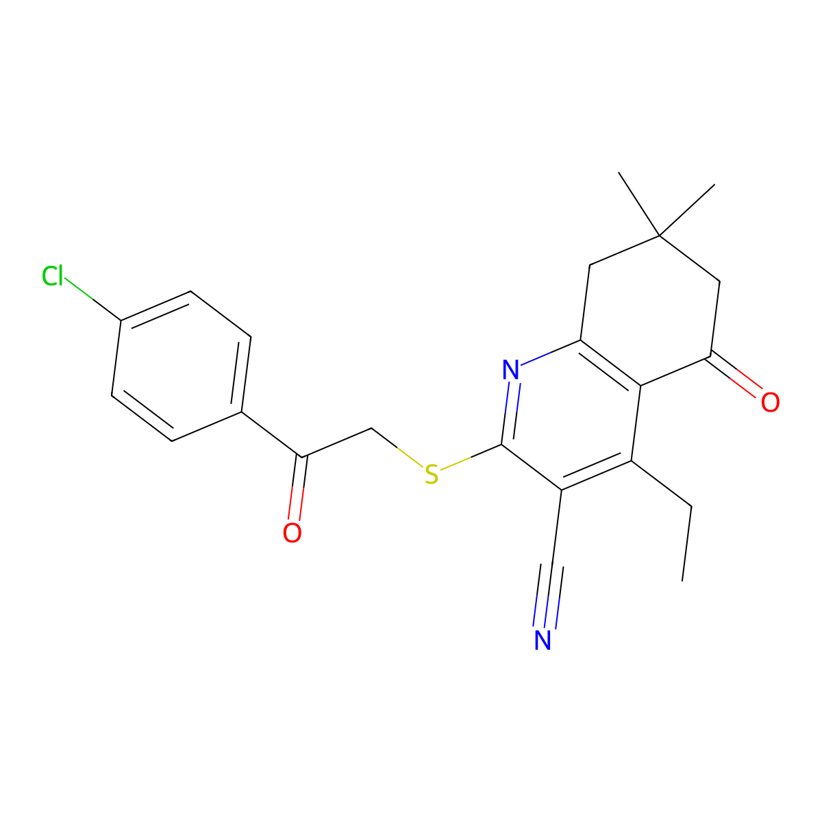 2-[2-(4-Chlorophenyl)-2-oxoethyl]sulfanyl-4-ethyl-7,7-dimethyl-5-oxo-6,8-dihydroquinoline-3-carbonitrile molecular structure, CAS 671200-42-3