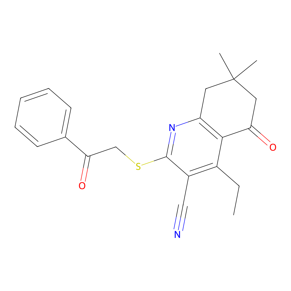 4-Ethyl-7,7-dimethyl-5-oxo-2-[(2-oxo-2-phenylethyl)sulfanyl]-5,6,7,8-tetrahydroquinoline-3-carbonitrile molecular structure, CAS 671200-43-4