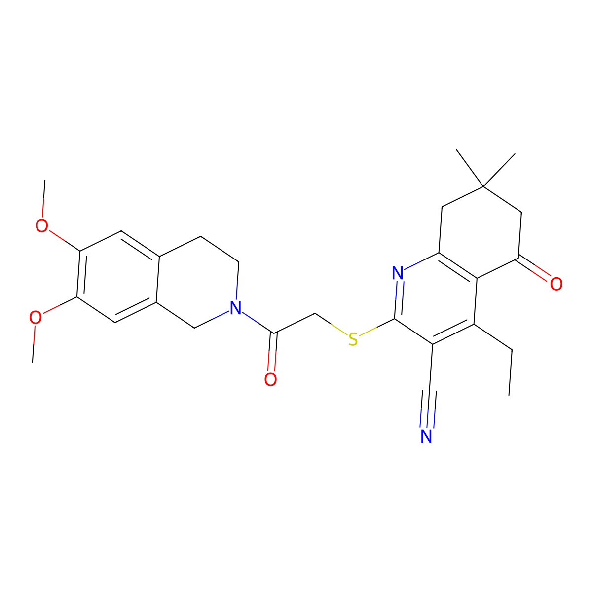 2-((2-(6,7-dimethoxy-3,4-dihydroisoquinolin-2(1H)-yl)-2-oxoethyl)thio)-4-ethyl-7,7-dimethyl-5-oxo-5,6,7,8-tetrahydroquinoline-3-carbonitrile molecular structure, CAS 671200-44-5