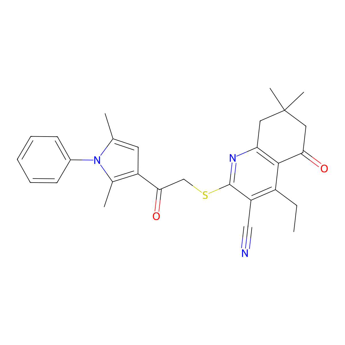 2-[2-(2,5-Dimethyl-1-phenylpyrrol-3-yl)-2-oxoethyl]sulfanyl-4-ethyl-7,7-dimethyl-5-oxo-6,8-dihydroquinoline-3-carbonitrile molecular structure, CAS 671200-45-6