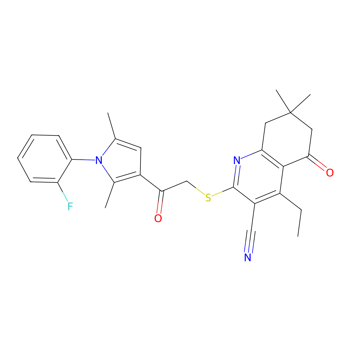4-Ethyl-2-[2-[1-(2-fluorophenyl)-2,5-dimethylpyrrol-3-yl]-2-oxoethyl]sulfanyl-7,7-dimethyl-5-oxo-6,8-dihydroquinoline-3-carbonitrile molecular structure, CAS 671200-47-8