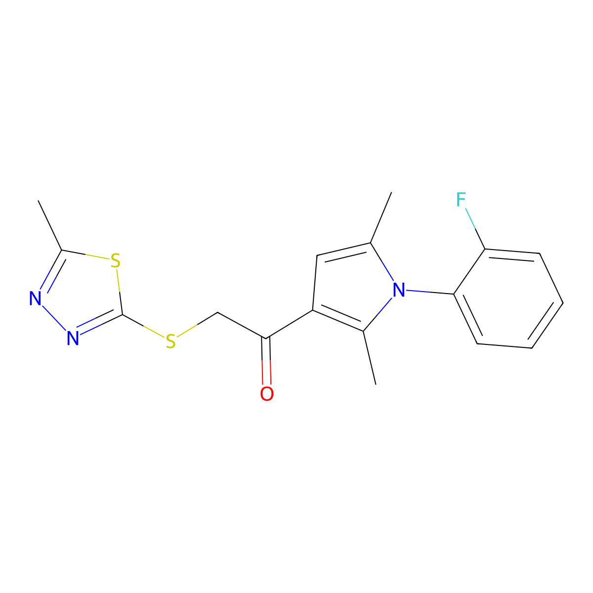 1-(1-(2-fluorophenyl)-2,5-dimethyl-1H-pyrrol-3-yl)-2-((5-methyl-1,3,4-thiadiazol-2-yl)thio)ethanone molecular structure, CAS 671200-49-0