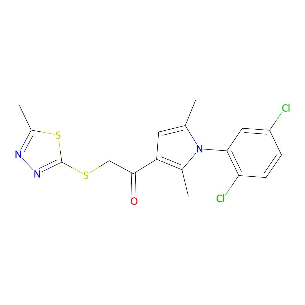 1-(1-(2,5-dichlorophenyl)-2,5-dimethyl-1H-pyrrol-3-yl)-2-((5-methyl-1,3,4-thiadiazol-2-yl)thio)ethanone molecular structure, CAS 671200-50-3