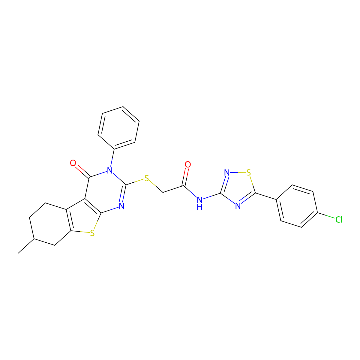 N-[5-(4-chlorophenyl)-1,2,4-thiadiazol-3-yl]-2-[(7-methyl-4-oxo-3-phenyl-5,6,7,8-tetrahydro-[1]benzothiolo[2,3-d]pyrimidin-2-yl)sulfanyl]acetamide molecular structure, CAS 671200-52-5
