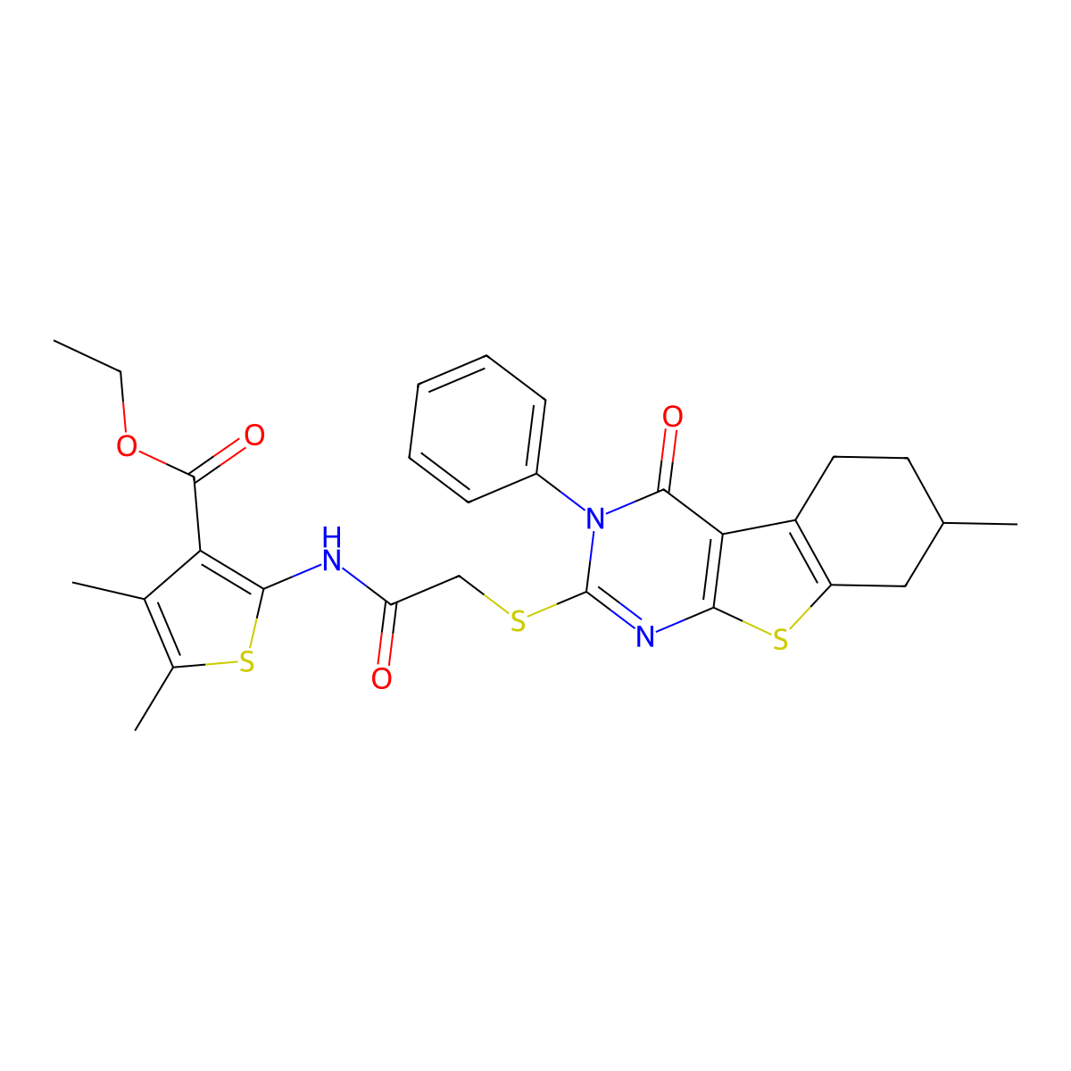 Ethyl 4,5-dimethyl-2-[[2-[(7-methyl-4-oxo-3-phenyl-5,6,7,8-tetrahydro-[1]benzothiolo[2,3-d]pyrimidin-2-yl)sulfanyl]acetyl]amino]thiophene-3-carboxylate molecular structure, CAS 671200-53-6