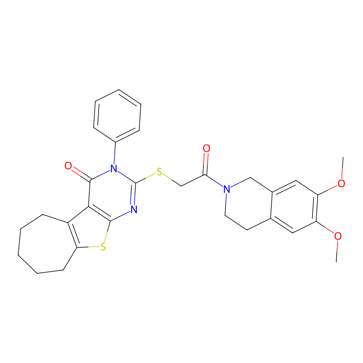 5-{[2-(6,7-Dimethoxy-1,2,3,4-tetrahydroisoquinolin-2-yl)-2-oxoethyl]sulfanyl}-4-phenyl-8-thia-4,6-diazatricyclo[7.5.0.0^{2,7}]tetradeca-1(9),2(7),5-trien-3-one molecular structure, CAS 671200-54-7